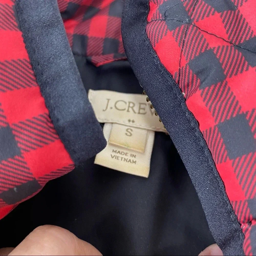 J Crew Down Quilted Puffer Vest Jacket Red Black Buffalo Plaid Womens Size Small